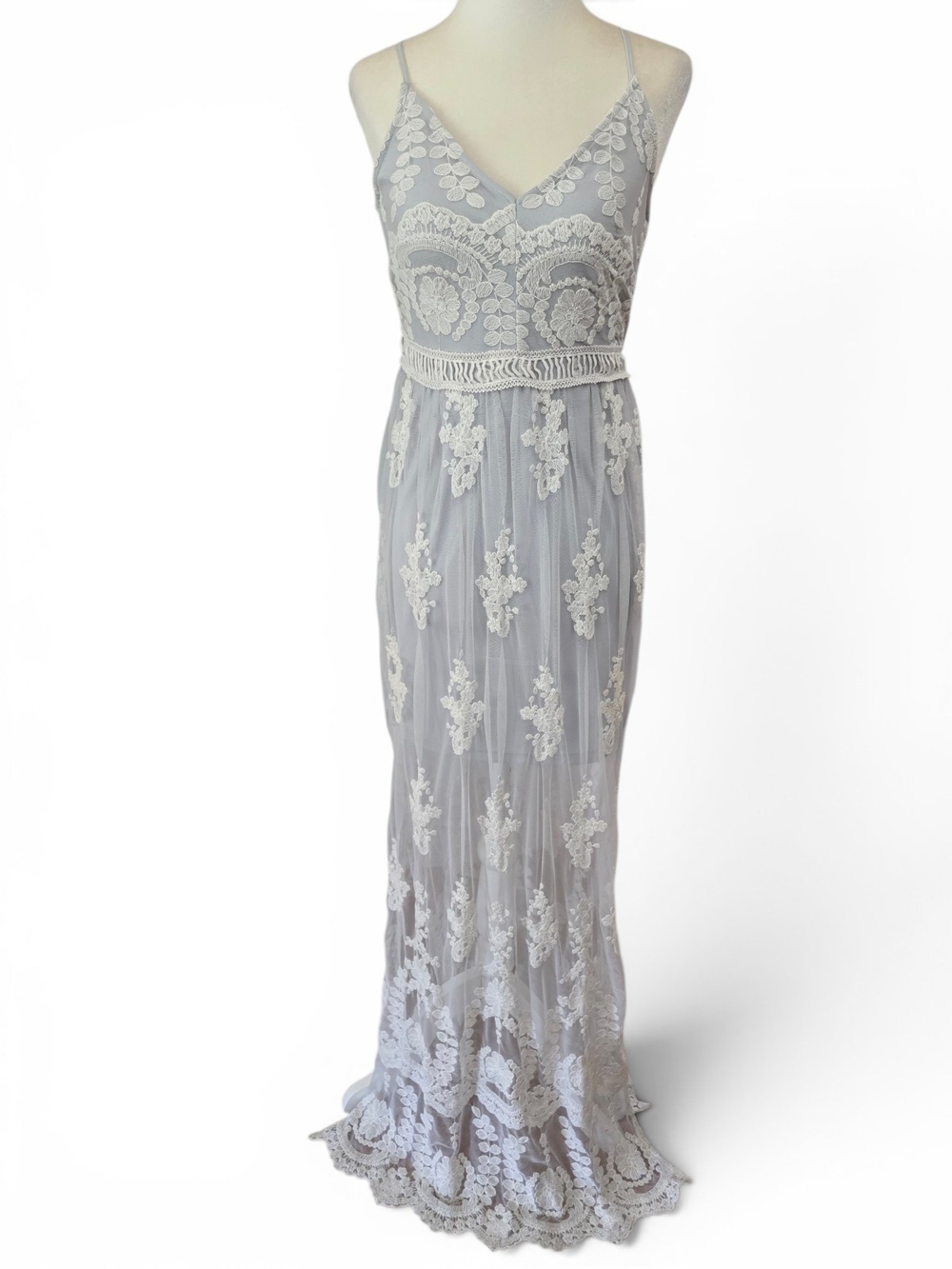 Altar'd State Light Gray Lace-Embroidered Spaghetti Strap Maxi Dress